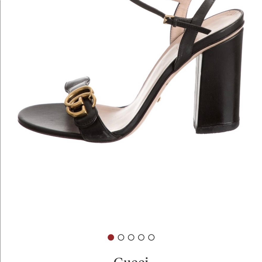 Gucci Black Leather Block Heel Sandal with Gold Double G Accent